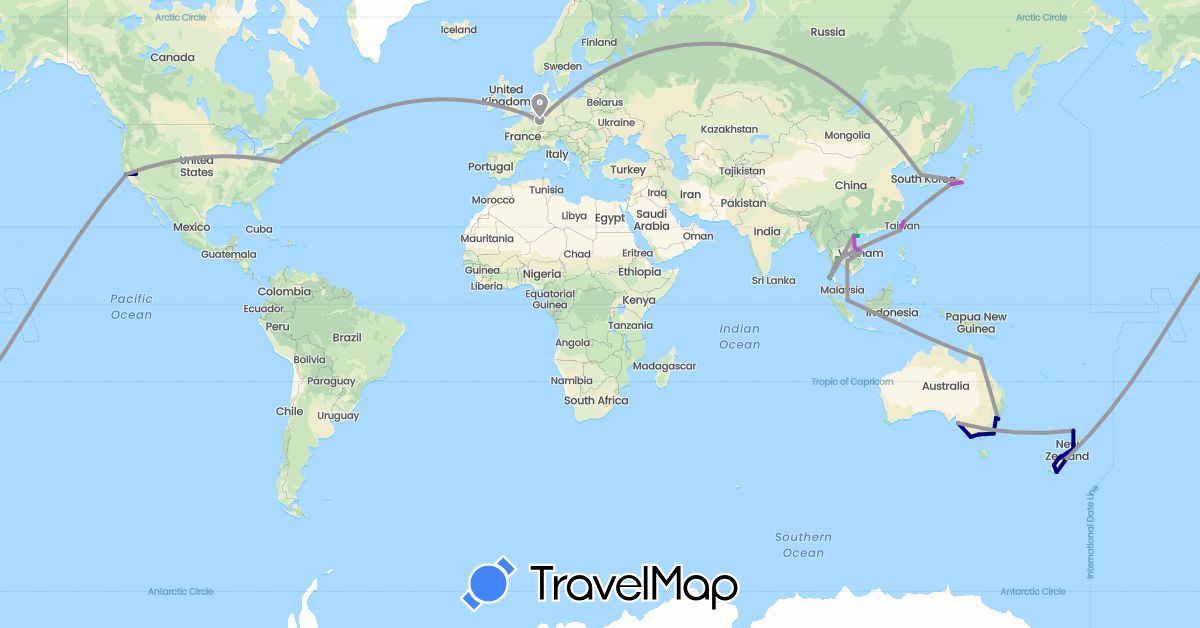 TravelMap itinerary: driving, bus, plane, train in Australia, Germany, Japan, Cambodia, South Korea, New Zealand, Singapore, Thailand, Taiwan, United States, Vietnam (Asia, Europe, North America, Oceania)